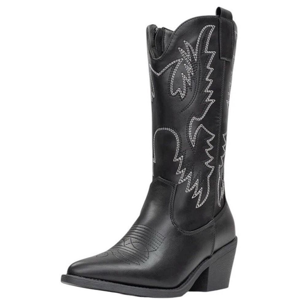 IUV Women’s Size 10 Black Leather Cowboy Cowgirl Boots Embroidered Pointy Toe